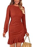 Picture of PRETTYGARDEN Women's Spring Fall Ruched Bodycon Mini Dress Long Puff Sleeve Ruffle Fitted Cocktail Party Dresses (Rust Red,Medium)