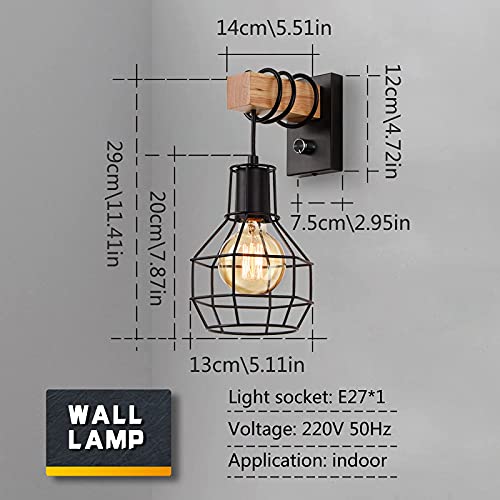 Glighone Wandleuchte Innen Vintage Dimmbar Wandlampe mit Schalter Schwarz Industrial Wandlampe Retro aus Metall und Holz E27 für Treppenhaus Flur Cafe Bar Restaurant Wohnzimmer (Ohne Leuchtmittel)