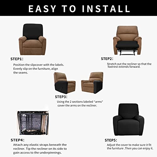 Image of Easy-Going 4 Pieces Waterproof Recliner Chair Slipcover Washable | Stretch Soft Couch Cover for Dogs, Sofa Slipcover for Recliner Couch Furniture Protector for Kids, Pets Black