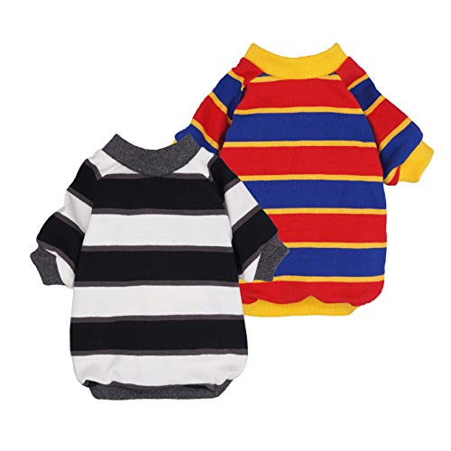 Fitwarm 2 Pack Striped Dog Shirt, Summer Dog Clothes For Small Dogs Boy, Breathable Pet Tshirt, Stretchy Cat Outfit, 100% Cotton, Black And White, Royal Blue And Yellow, Small #TOP1