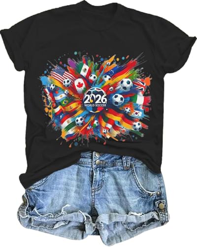 Soccer Cup 2026 Shirt for Women Country Football Graphic T-Shirt USA World Soccer Short Sleeve Shirt Black