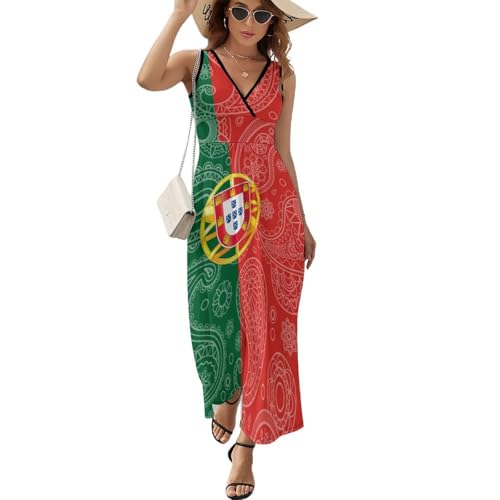 Robe longue Portugal col en V respirante et légère sans manches pour femme