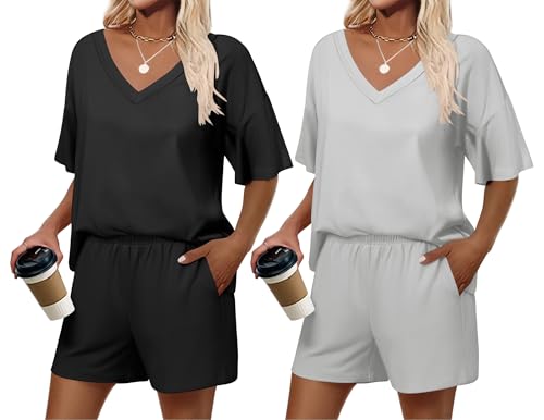Ekouaer 2 Pack Womens Pajamas Set Summer Printed Pjs Short Sleeve Sleepwear V Neck Pj Shorts Set Loungewear S-XXL