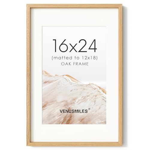 Image of 16x24 Poster Frame, USA-Sourced Natural Oak Wood Picture Collage Frame with HD Tempered Glass, Modern Simple 16 x 24 Wooden Photo Frame Matted to 12x18, Vertical & Horizontal Wall Hanging Display