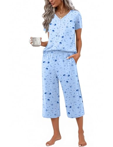 Image of Ekouaer Women's Pajama Sets Short Sleeve Sleepwear Button Up Pj Loungewear Top and Capri Pants with Pockets