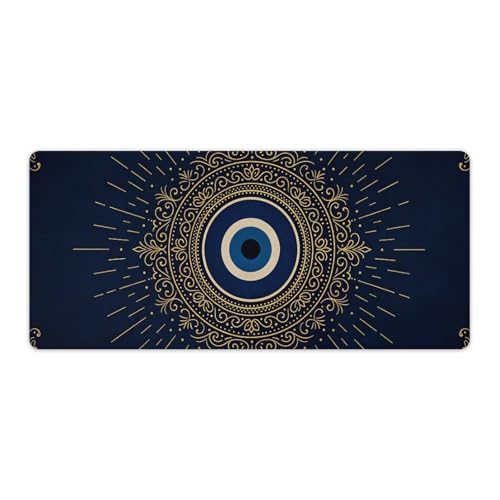 Tapis de souris gaming imperméable avec bords cousus Evil Eye Boho turquoise et doré