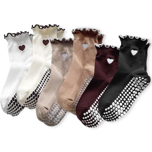 Image of DZSoCoki Grip Socks Pilates,4/6Pairs Cotton Cute Pilates Socks for Women, Ruffle Grippy Sock for Yoga Barre Hospital 5-10in