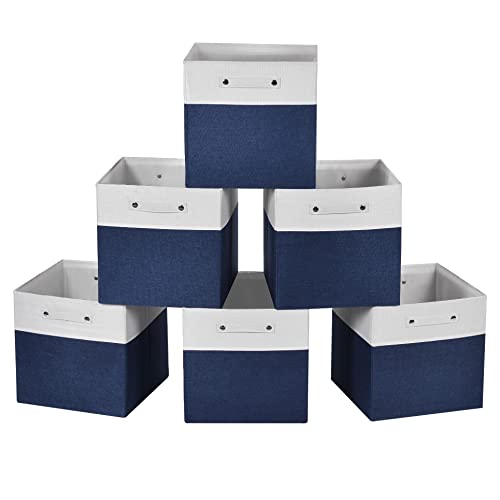 13X13X13 Cube Storage Bins, Collapsible Fabric Storage Cubes Organizer , Foldable Large Storage Baskets For Nursery, Toys Organizing Closet, Shelf Cabinet（6Pack, White And Navy Blue) #TOP20