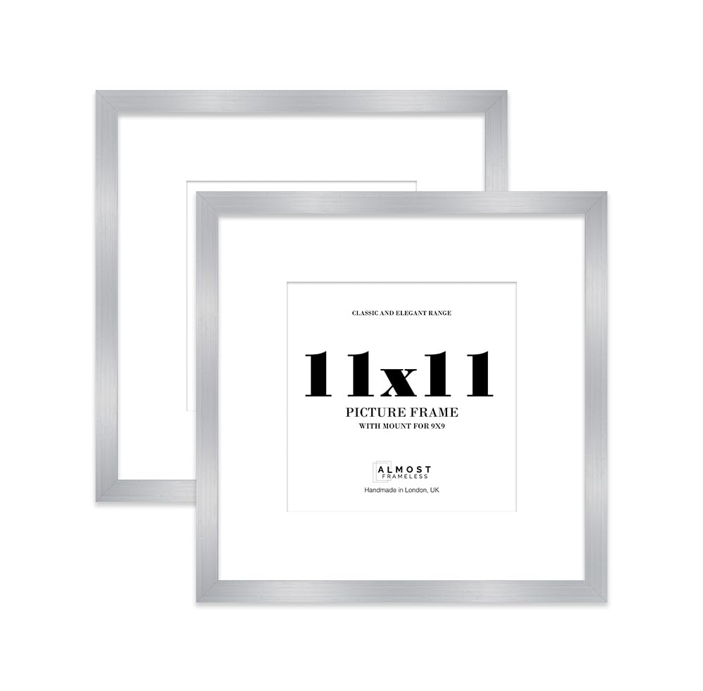 11x11 Silver Picture Frame with Mount for 9x9 Photos, Prints - Modern Square Wall Frame, Set of 2