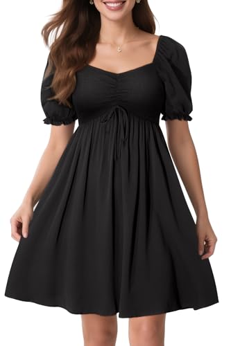 Image of Pinup Fashion Summer Casual Women Smocked Puff Sleeve A-Line Short Dress | Soft breathable fabric, sweetheart neck tie front, beach vacation, Easter graduation, spring holiday dates, maternity wear.