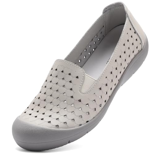 Image of Women's Summer Slip On Loafers, Breathable Perforated Hollow Cutout Flats, Comfortable Vegan Leather Walking Work Shoes for Women, Heart Floral Geometric Pattern Soft Sole Casual Summer Footwear