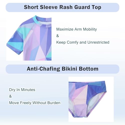 Image of Girls Two Piece Swimsuits Short Sleeve Rash Guard Swim Shirt Bikini Bottom Swim Set Bathing Swim Set Swimwear 3-16 Years