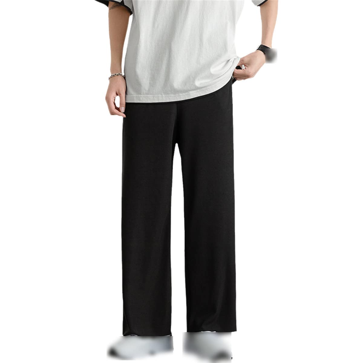 Pantalon en soie glacée homme large décontracté léger fluide noir - 3