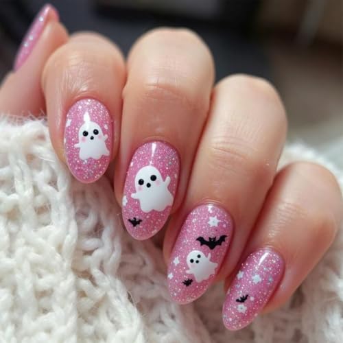 Halloween Press on Nails Short Almond Fake Nails Press ons Pink Acrylic Nail Art Kit False Nails Glitter Stick on Nail with Cute Ghost Design Fall Winter Holiday Bat Star Glue on Nail for Women 24Pcs