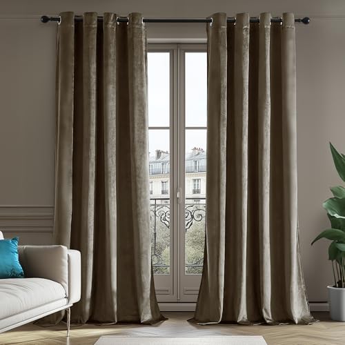 Deconovo Rideaux Thermiques Velour 100% Occultant Noël, Décoration pour Salon Cuisine, Luxueux Élégant Draperies Intérieurs Taupe 140x175 CM