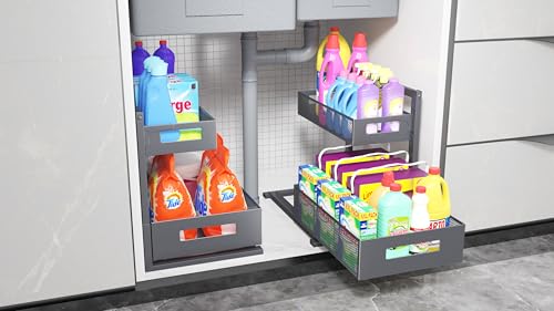 Image of Petiza Under Sink Organizer Pull Out Cabinet Organizer Adjustable Height 2 Tier with Sliding Drawers Kitchen Bathroom Organizer and Storage(Gray-1pc)