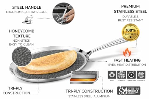 Image of Varnivesh Kitchenware Dosa Tawa | Triply Honeycomb Stainless Steel | Flat Pan Induction Gas Compatible Steel Cooking Tawa with Heavy Steel Handle Flat Cookware for Roti Dosa - 22 cm