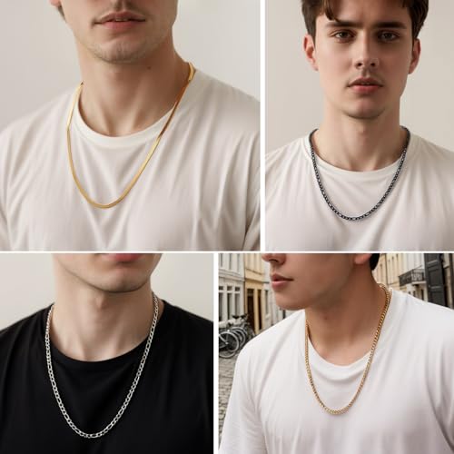 Zocomi 3 PCS Chain Necklace for Men Women, Stainless Steel Cuban Link/Figaro/Herringbone Chains Set Jewelry Gifts, 16/18/20/22/24 Inches3