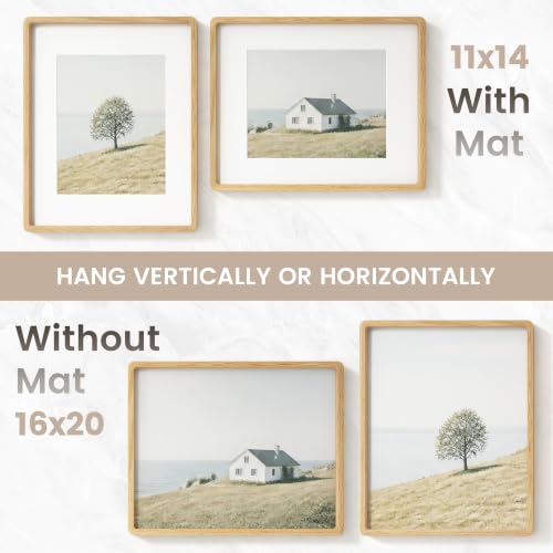 Image of 16 x 20 Picture Frame, USA-Sourced Natural Oak Wood Photo Collage Frame with HD Tempered Glass, 16x20 Wooden Frame Matted to 11x14, Vertical & Horizontal Wall Hanging Display