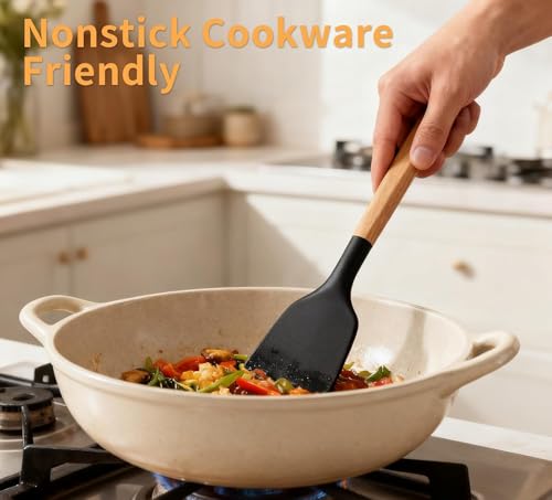 Image of Elmvia Silicone Cooking Utensil Set,12 PCS Cooking Kitchen Utensils Set, Nonstick Kitchen Utensils 446F Heat-Resistant Cookware Kitchen Tools of Spoon,Brush,Whisk,Spatula,Turner Tongs (Black)