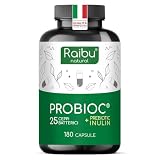 Probiotici Fermenti Lattici per Intestino - 180 Capsule, 25 Ceppi Batterici con Inulina, 60 Miliardi UFC - Resistenti ai Succhi Gastrici, Alta Dosaggio & Inclusi Lactobacillus e Bifidobatteri - Raibu