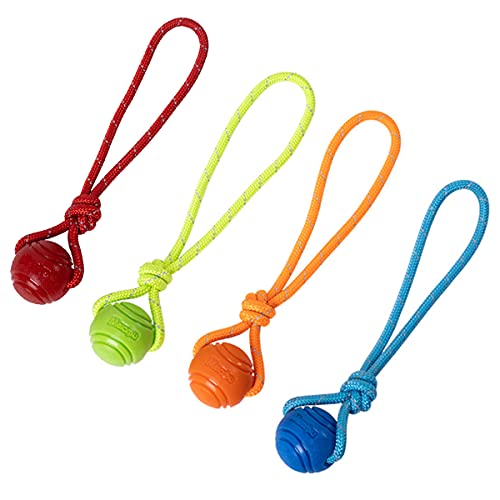 Vitalili Dog Training Ball on A Rope Rubber Dog Rope Toys Ball with Handle for Tug of War K9 Training Rewards for Belgian Malinois Gifts 5cm in Diameter for Small Dogs 0-30 Lbs Pack of 4