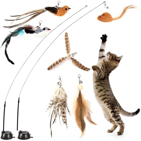 Maiguangta Interactive Bird Simulation Cat Toy Set,Cat Wand Toys,Wand Self-Holding Suction Cups Base,Include Detachable 6 Pcs Replacements Feathers Toys Cover