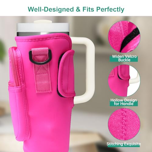 Image of Water Bottle Carrier Bag with Strap for Stanley Cup 40oz /30oz with Phone Pocket, Neoprene Cross-Body Insulated Water Bottle Holder for Tumbler with Handle, Stanley Cup Accessories, Hot Pink