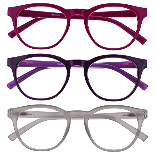 Image of OPULIZE BLU Blue Light Blocking Reading Glasses for Women Men, Cool Round Frame with Anti-Glare Computer and Gaming Eyewear, UV and Eyestrain Protection, Pink Purple Ice +0.00 (Pack of 3)