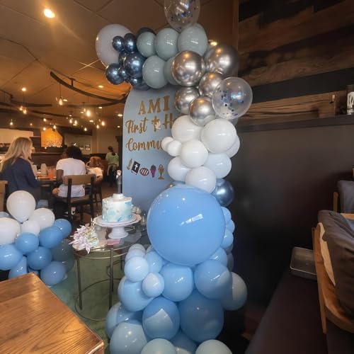 Image of 60 Pcs Baby Blue and Silver Balloons, 12 Inch Light Blue Dusty Pale Blue White with Chrome Metallic Silver Party Latex Balloons for Bridal Baby Shower Baptism Wedding Birthday Party Decorations