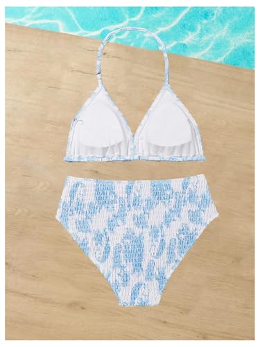 Image of RoseSeek Girl's Tie Dye Smocked 2 Piece Swimwear Sets Backless Halter Bikini Cute Brief Bathing Suit