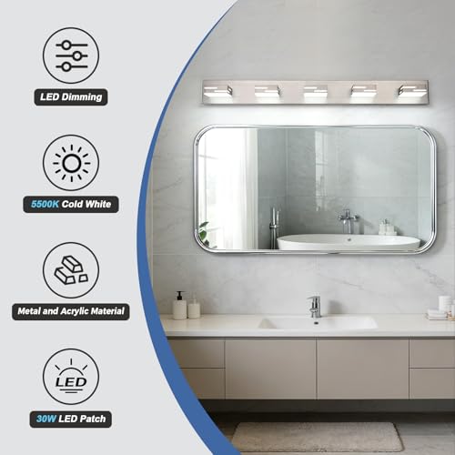 MKBNG 5-Light Modern Bathroom Vanity Light Fixtures, 40-Inch 350° Rotatable LED Vanity Lights Over Mirror, Dimmable 5500K Natural White Brushed Nickel Wall Sconce by MKBNG - Used condition - Image 5