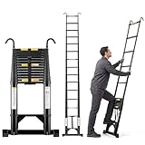 TEENO Escalera telescópica plegable 4,4 m de aluminio con barra estabilizadora y gancho extraíble, carga máxima 150 kg