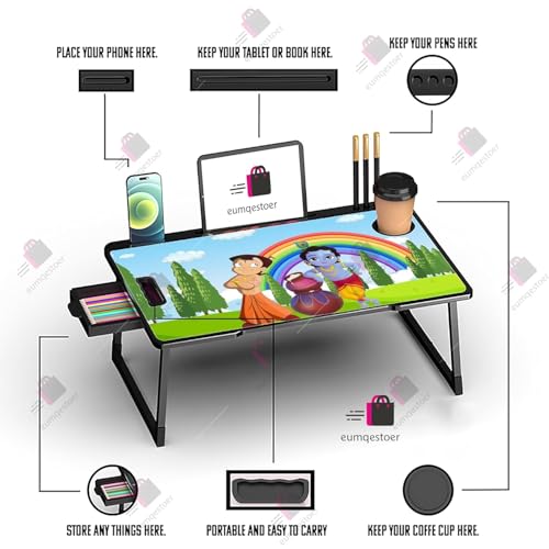 Image of Foldable Wooden Mini Laptop Table for Bed, Study Table with Drawer, Tablet /Mobile Holder for Kids & Adults (US-BHIM Krishna COTED)