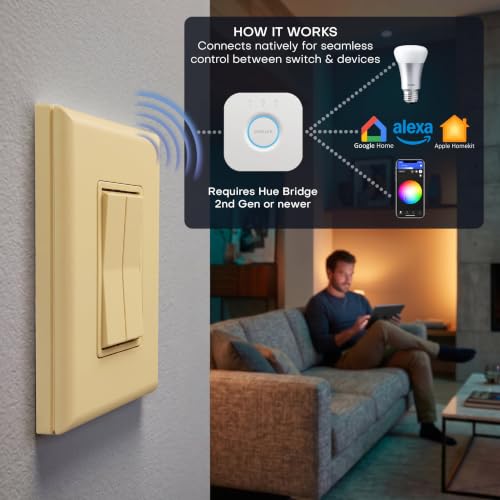 Image of RunLessWire Click for Hue Battery-Free Wireless Smart Switch 3 Pack Ivory | Dimmable Kinetic Switch Pairs Natively to Philips Hue Bridge, 4 Programmable Buttons to Control Scenes & Areas, 100ft Range