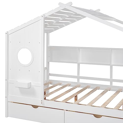 Image of Modern Full Size House Bed with Roof and Window, Wooden Daybed Frame with Shelves and 2 Drawers,Bedroom Furniture for Girls & Boys (White+2 Drawers*)