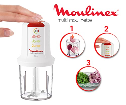 Moulinex AT7151EG Multi Moulinette Chopper 3 in 1, 500 ml Chopper, 500 Watts, 1 Speed and Turbo function, Removable Stainless Steel Blades, white