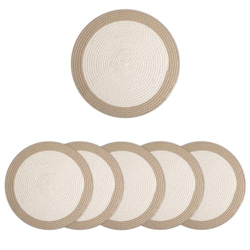 Image of Dining Table Mats Set of 6 | Cotton Table Mat 32 cm Diameter, Encasa XO Washable Round Table Mats, Heat Resistance Dining Table Placemats, Handmade Ribbed Style for Centre Table, Off White & Beige