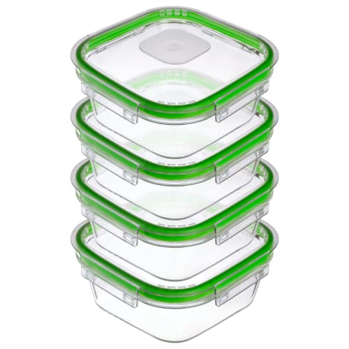 WUITOKI Frischhaltedosen mit innovativem Deckel, Glasbehälter, 0,8l, BPA-frei, ein Deckeldruck öffnet alle 4 Clips gleichzeitig, 4-teiliges Set Cover