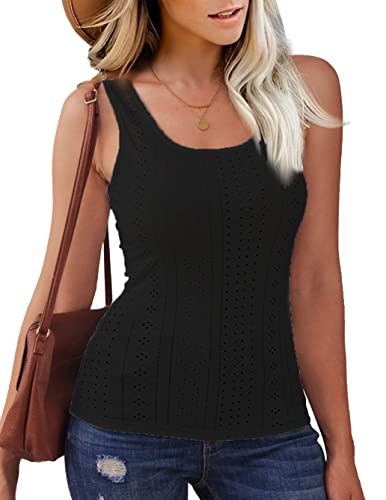 Ekouaer Tank Top For Women Sleeveless Crew Neck Eyelet Embroidery Slim Fit Top (Black, X-Large) #TOP3
