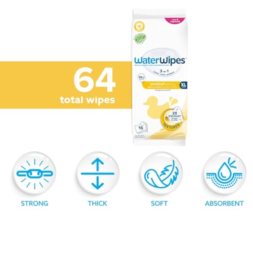 Image of WaterWipes Sensitive+ Bathing Wipes, 3-In-1 Cleans, Cares, Protects, 99.9% Water, Unscented & Hypoallergenic, 16 Count (Pack of 4)