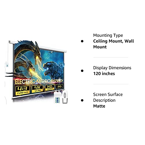 Aoxun Motorized Projector Screen Pull Down With Remote Control 120 Inch Electric 4:3 Projection Screen,Video Projection Screens-White #TOP7