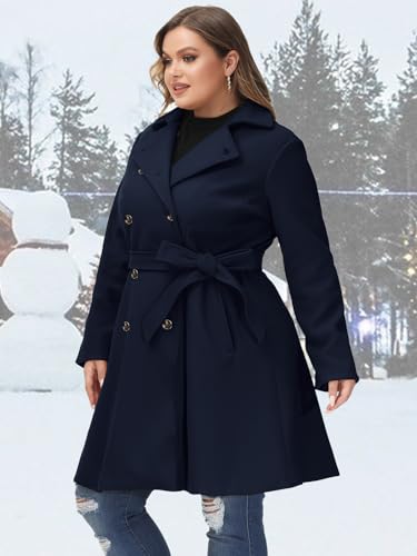 Hanna Nikole Women Plus Size Double Breasted Wool Pea Coat Notch Lapel Trench Coats Mid Long Winter Outerwear with Belt3