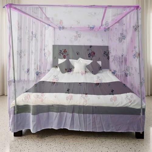 Image of Mosquito Net for King Size Bed - Foldable Square Mosquito Net Double Bed | Mosquito Net for Queen Size Bed | Mosquitoes Net for Sukun Wali Neend (6.5ft x 6.5ft, White) (Purple)