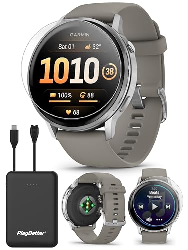 PlayBetter Garmin Venu 4 (Silver/Silver Gray, 45mm) Fitness GPS Smartwatch Bundle - AMOLED Display, Built-in Flashlight, Long Battery Life Portable Charger & HD Screen Protectors
