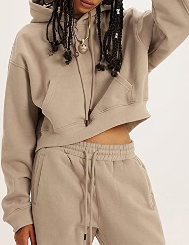 COZYPOIN Womens Fleece 2 Piece Outfits Sweatsuit Crop Top and Pants Hoodie Tracksuit Set2