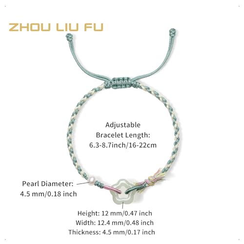 Green Jade Bracelet Flower Charm Freshwater Pearl Bead Adjustable Green Braided Bracelets Natural Gemstone Real Jade Bracelet for Women Wife Lady 6.3-8.7" (16+6cm) Y17139572