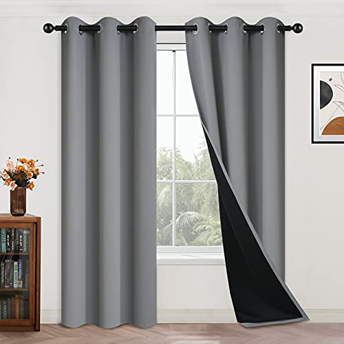 Image of Yakamok 84 Inch Length 100% Blackout Curtains for Bedroom, 2 Thick Layers Thermal Insulated Grommet Total Blackout Drapes with Black Liner for Living Room (42Wx84L,Grey, 2 Panels)