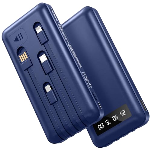 Powerbank 26800mAh mit 4 Integrierten Kabel, 22.5W Power Bank USB C Schnellladefunktion mit LED Display & Halterung, Externe Handyakkus für iPhone 17/16/15/14/13/12/11 iPad Samsung Galaxy,Blau