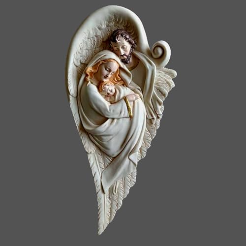 Image of DDSS DD-358 Holy Family of Mother Mary, Joseph, Jesus Christ Idol Statue Sculpture, Wall Hanging Home Decor in Poly Stone Ivory Marble Finish Size: 30cm X 15cm